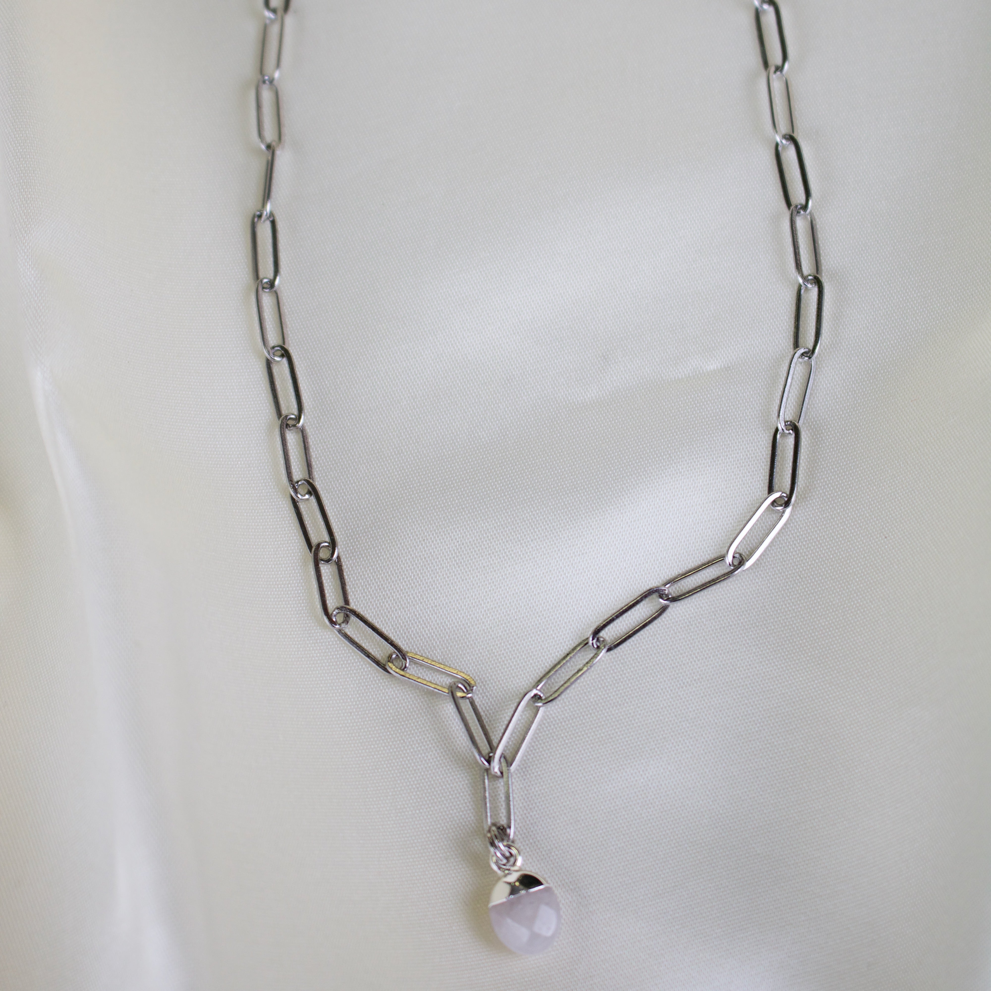 Royce // Silver Paperclip Chain & Quartz Charm Necklace