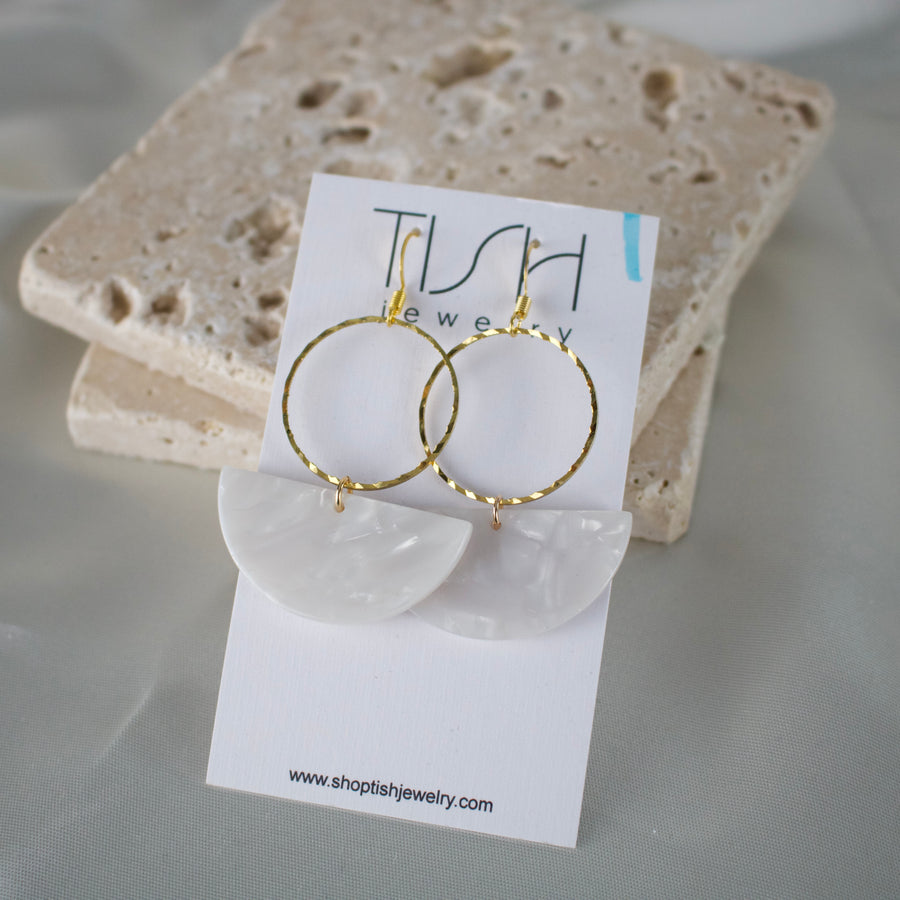 E24 - Half circle white acetate charm earrings