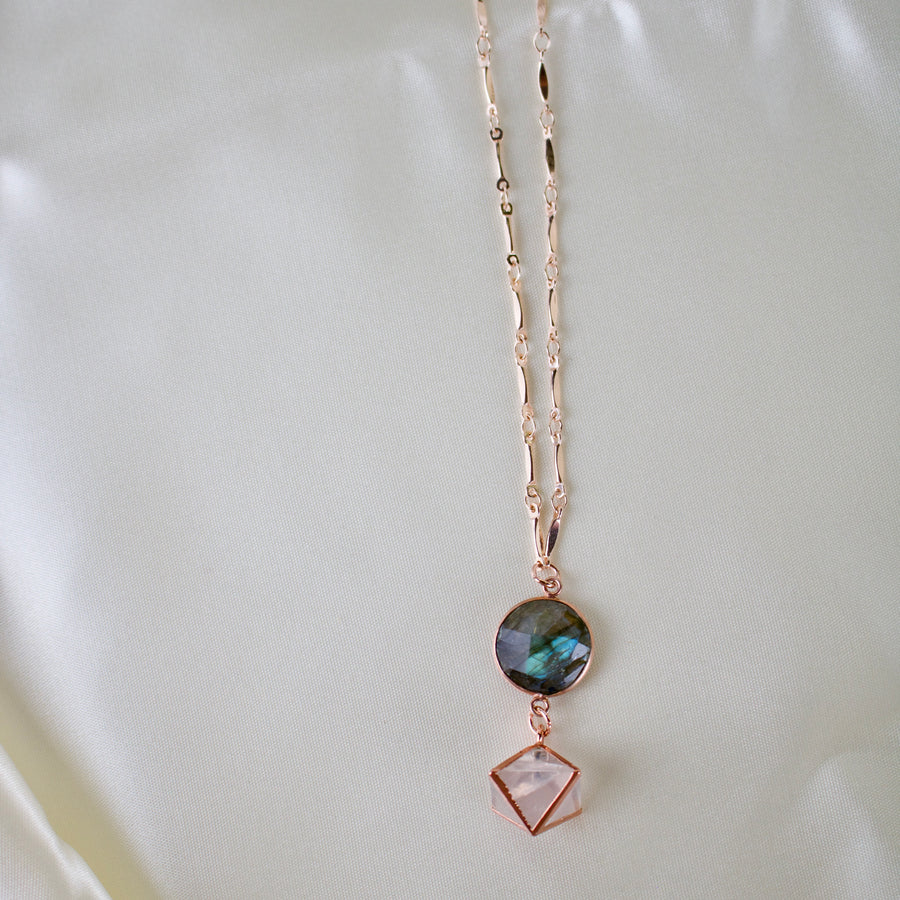 N007 - Rose Gold Clear Quartz & Labradorite Necklace