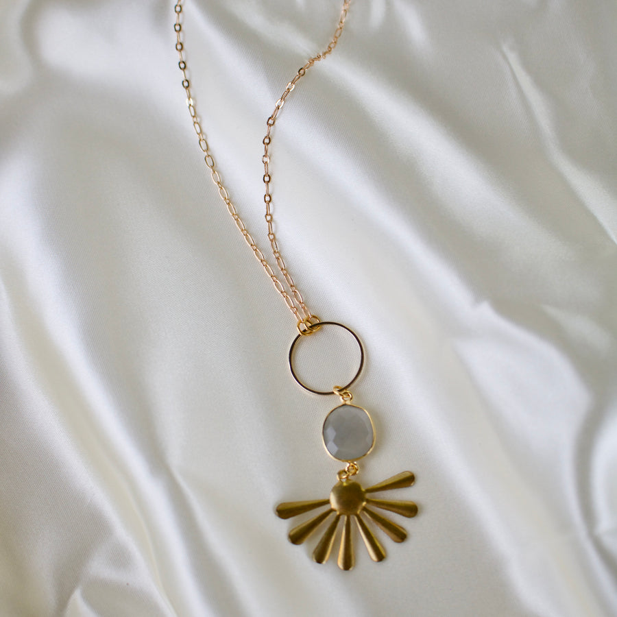 N013 - Grey Moonstone brass burst necklace