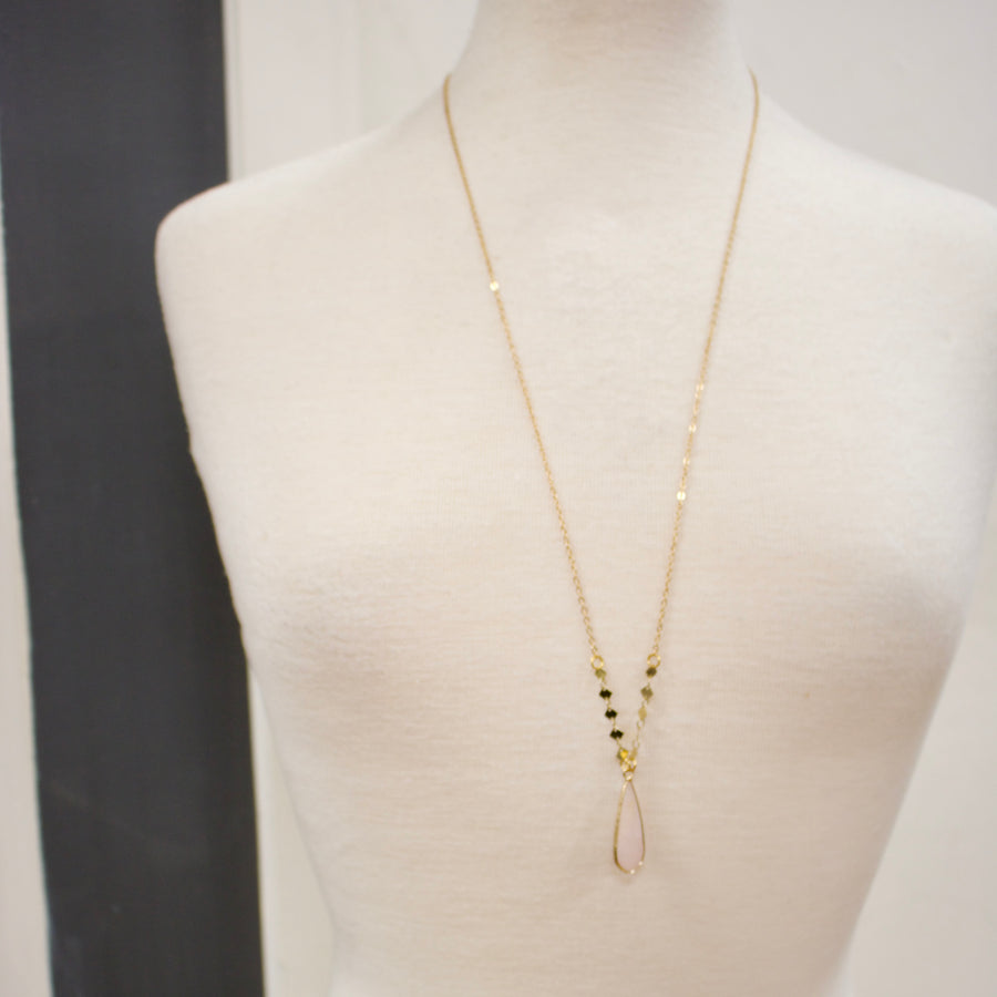 N033 - Rose Quartz elongated teardrop pendant necklace