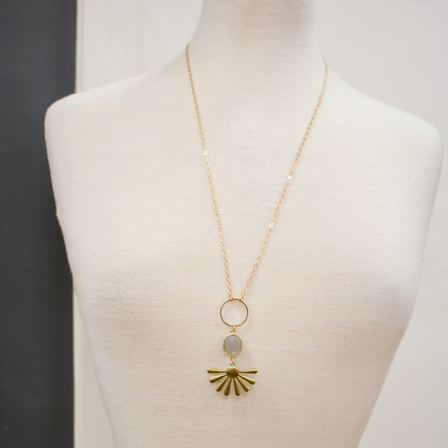 N013 - Grey Moonstone brass burst necklace