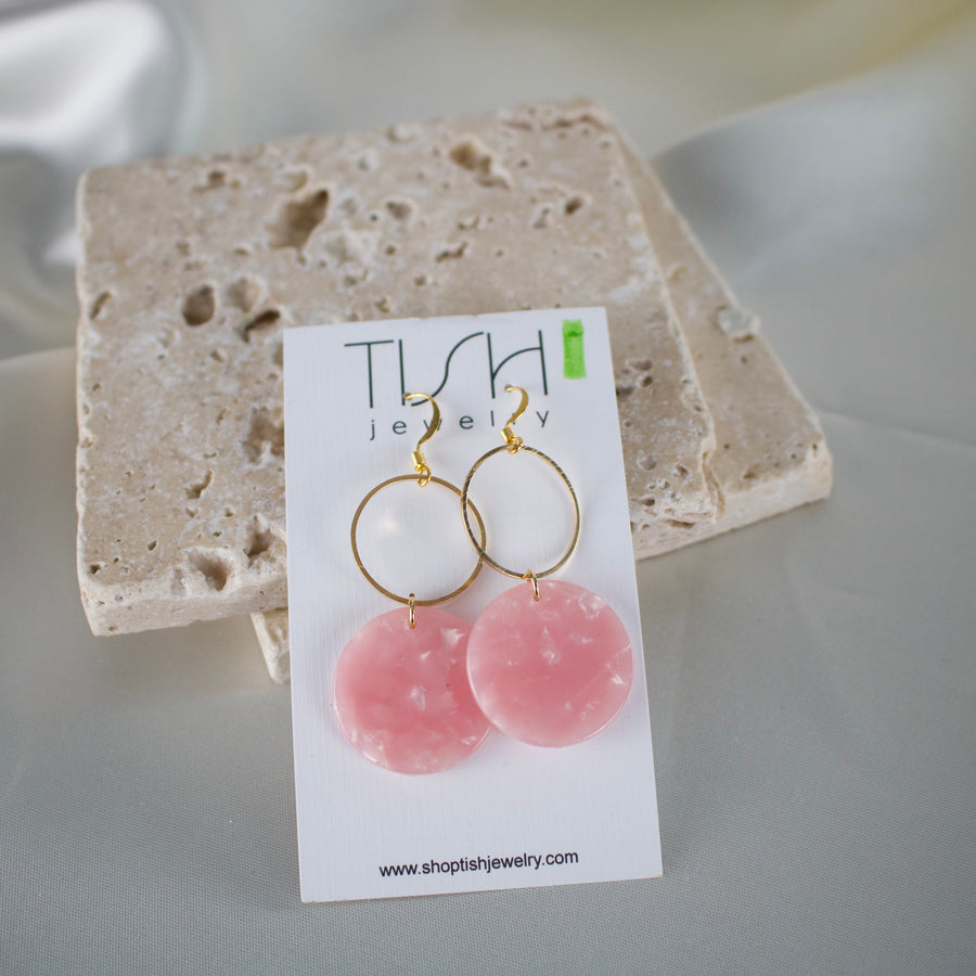 E49 - Round Pink Acetate Dangle Earrings