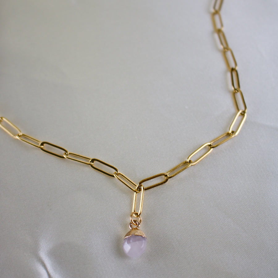 Royce // Gold Paperclip Chain & Quartz Charm Necklace
