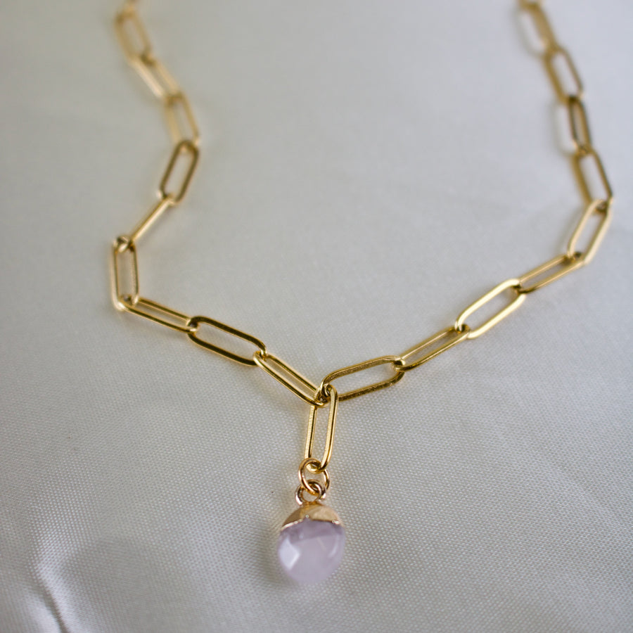 Royce // Gold Paperclip Chain & Quartz Charm Necklace