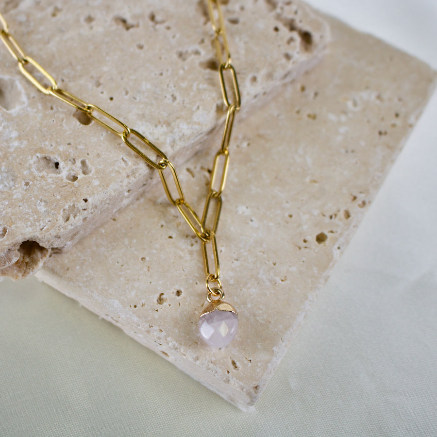 Royce // Gold Paperclip Chain & Quartz Charm Necklace