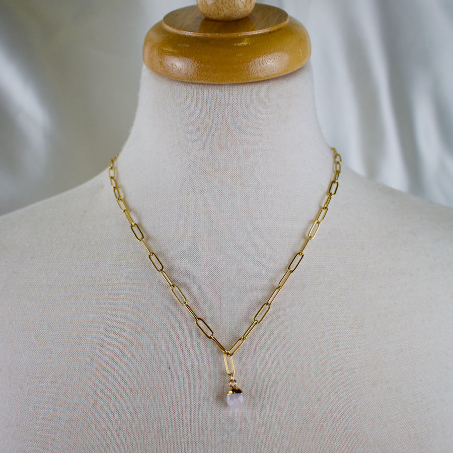 Royce // Gold Paperclip Chain & Quartz Charm Necklace