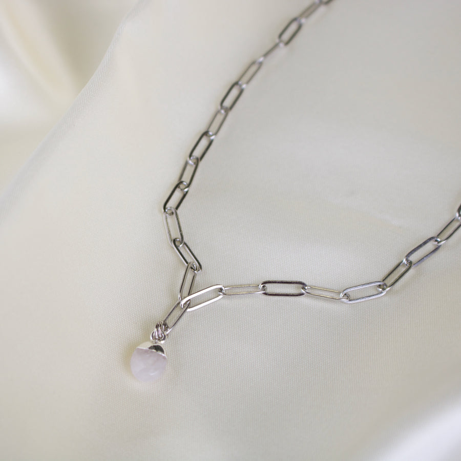 Royce // Silver Paperclip Chain & Quartz Charm Necklace